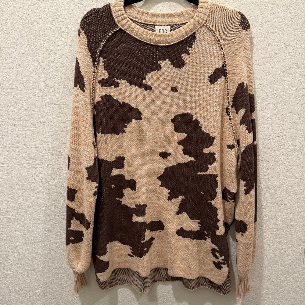 BDG Urban Outfitters Cow Print Crewneck Sweater Brown Tan Oversized Medium
